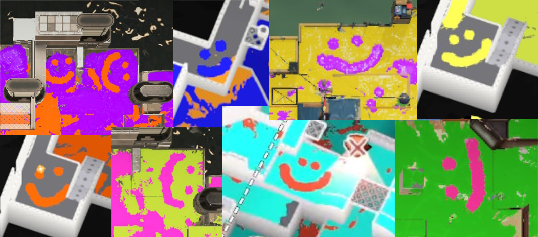 A collage of Splatoon screenshots, where there's a smiley face drawn somewhere on the map in ink.